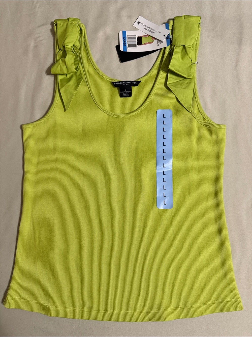 French Connection Neon Lime Ribbed Tank with Shoulder Bows - Picture 2 of 5